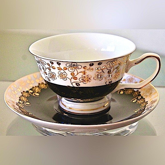 GRACES TEAWARE CUP SAUCER SET BLACK METALLIC GOLD FLORAL NEW PORCELAIN - Picture 5 of 11